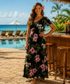 Hibiscus V-Neck Rayon Hawaiian Dress Black Long Maxi Dress