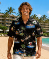 Men's Hawaiian Christmas Shirt Surfing Santa Black