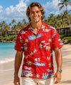 Men's Hawaiian Christmas Shirt Surfing Santa Red