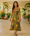Pineapples Long Maxi Cocktail Vintage Dress Olive