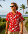 Short Sleeves Hibiscus Cotton Men's Aloha Shirt Red