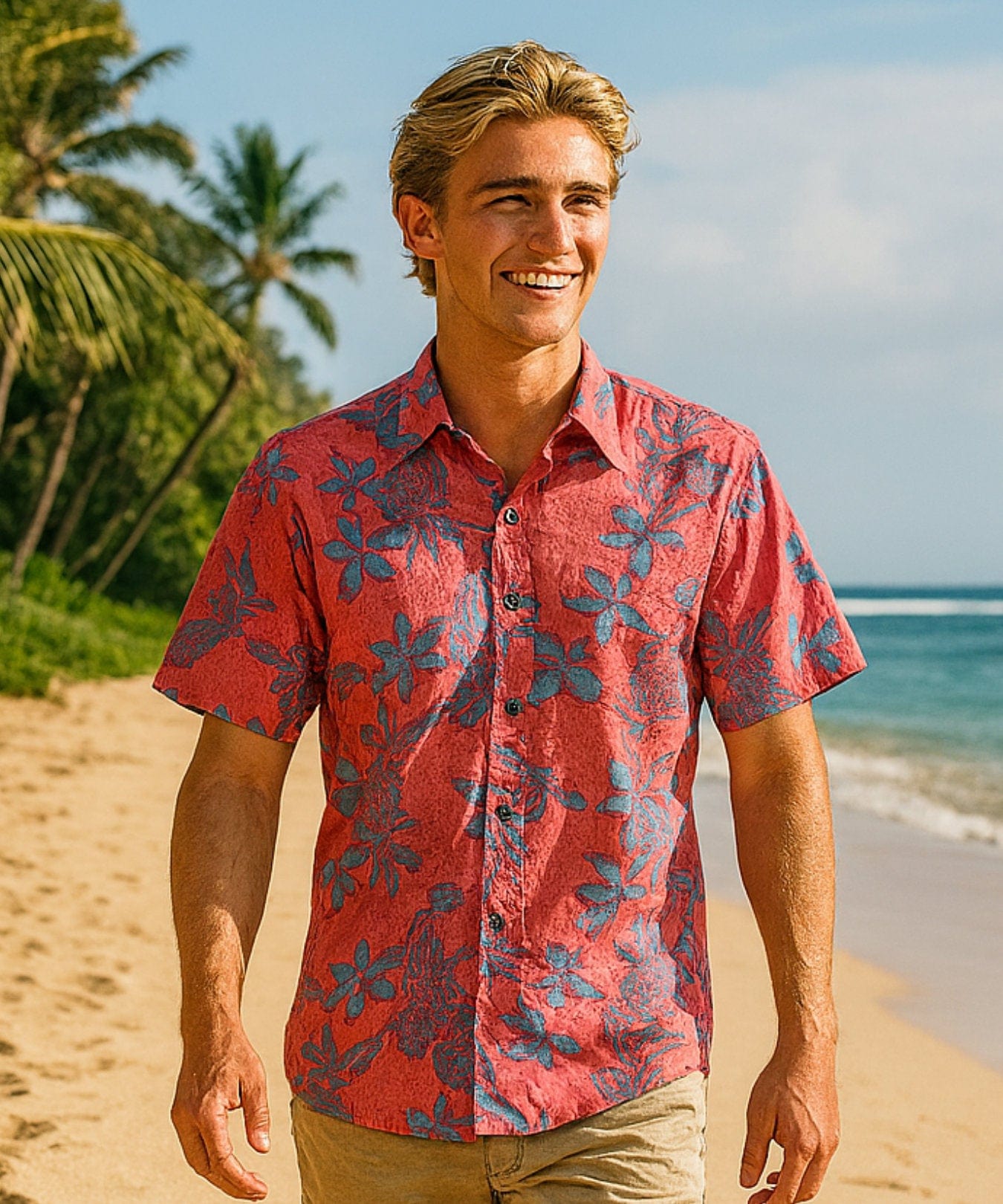 Aloha Button Up Dress Hawaiian Ukuleles Shirt Coral