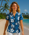 Flower Leis Fitted Hawaiian Blouse Sapphire Blue