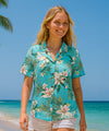 Women Classic Orchids Rayon Hawaiian Blouse Aqua