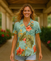 Hibiscus Rayon Women Hawaiian Shirt Aqua