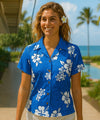 Aloha Fitted Blouse Tropical White Hibiscus Royal Blue