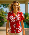 Aloha Fitted Blouse Tropical White Hibiscus Red