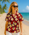 Island Plumeria Fitted Hawaiian Shirt for Women Burgundy