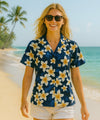 Island Plumeria Fitted Hawaiian Shirt for Women Navy Blue