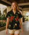 Paradise Women Fitted Rayon Hawaiian Shirt Black