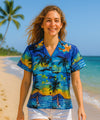 Sunset Luau Fitted Hawaiian Shirt for Women Ocean Blue