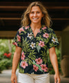Rayon Hawaiian Shirt for Women Nalani Design Black