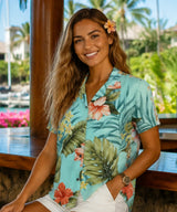 Hibiscus Rayon Women Hawaiian Shirt Aqua