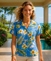 Hawaiian Fitted Blouse Tuberose Flower for Women Corn Flower Blue