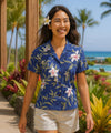 Hawaiian Fitted Shirt for Women Pali Orchid Ocean Blue