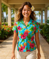Hibiscus Watercolor Fitted Hawaiian Blouse Corn Flower Blue