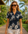 Lanai Fitted Floral Cotton Blouse for Women Navy