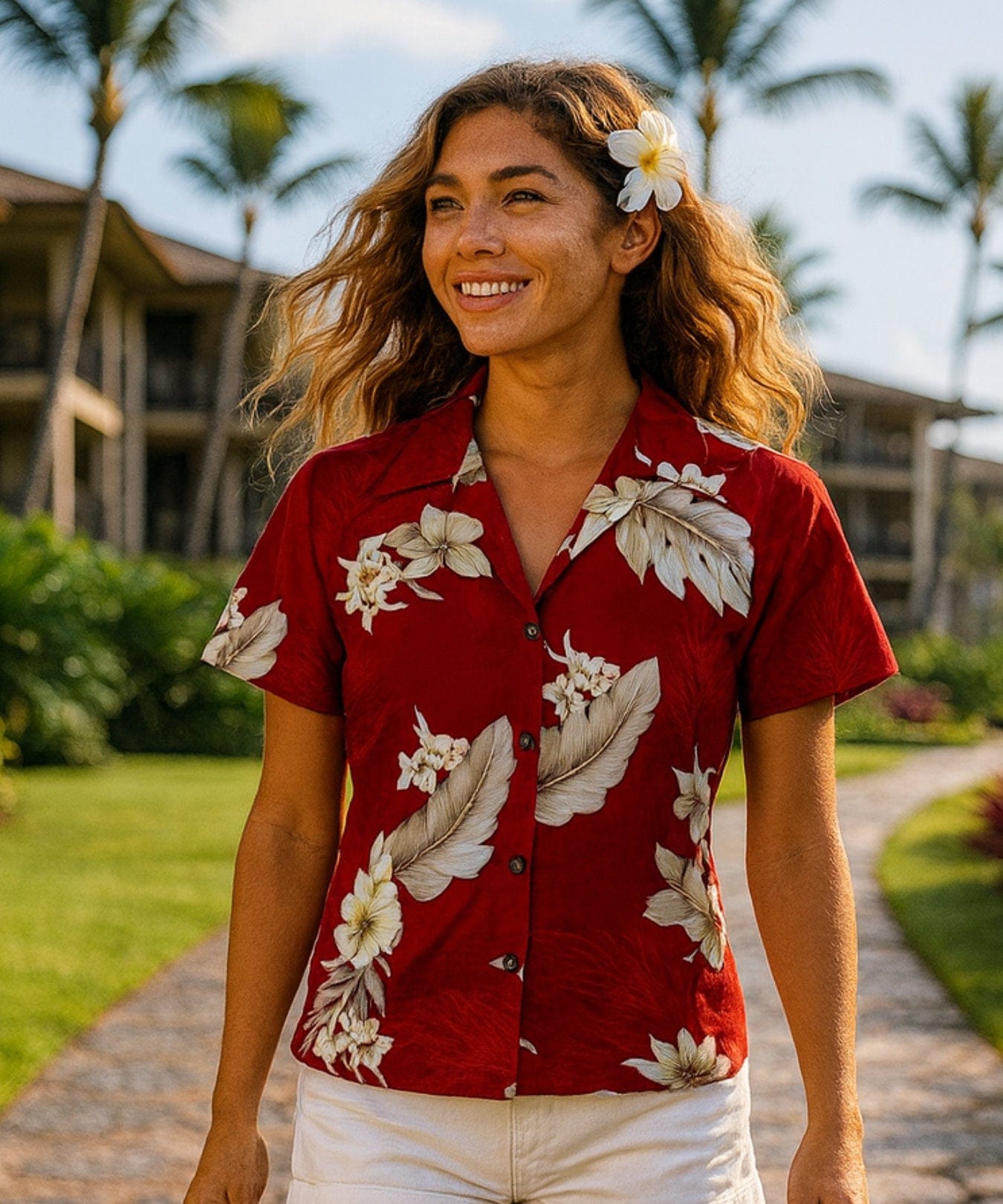 Lanai Fitted Floral Cotton Blouse for Women Red
