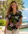 Rayon Hawaiian Shirt for Women Nalani Design Black