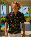 Flamingos Short Sleeves Cotton Aloha Shirt Black
