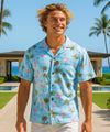 Flamingos Short Sleeves Cotton Aloha Shirt Sky Blue