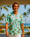 Flamingos Short Sleeves Cotton Aloha Shirt Teal