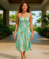 Orchids Tie On Shoulder Smock Top Hawaiian Dress Aqua One Size Fits Most XS-XL