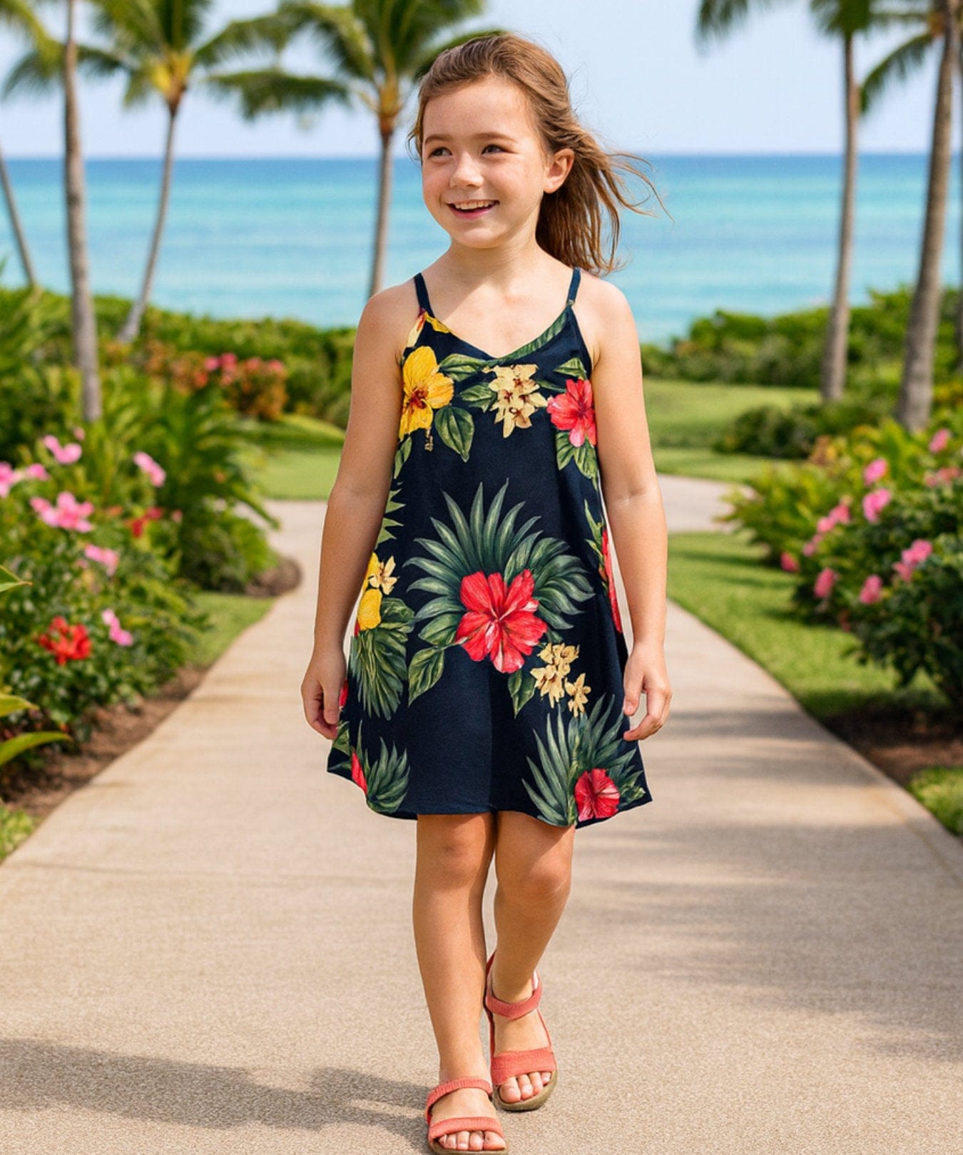 Alohilani V-Neck Girls Dress with Scarf Hem Black