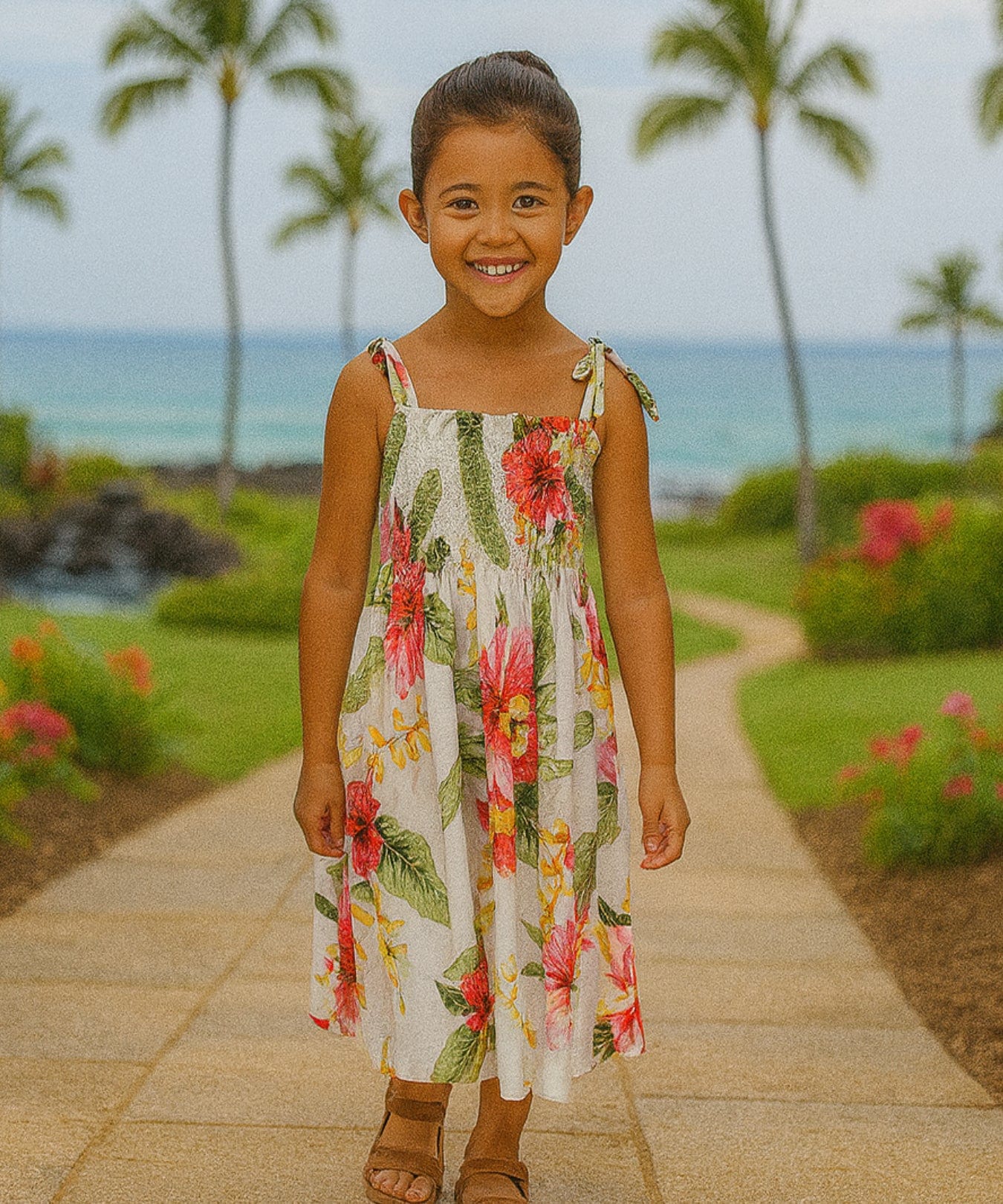 Anela Orchid Smock Top Girls Hawaiian Dress Beige