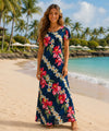 Plumeria Maxi Hawaiian Dress Cap Sleeves Navy Blue
