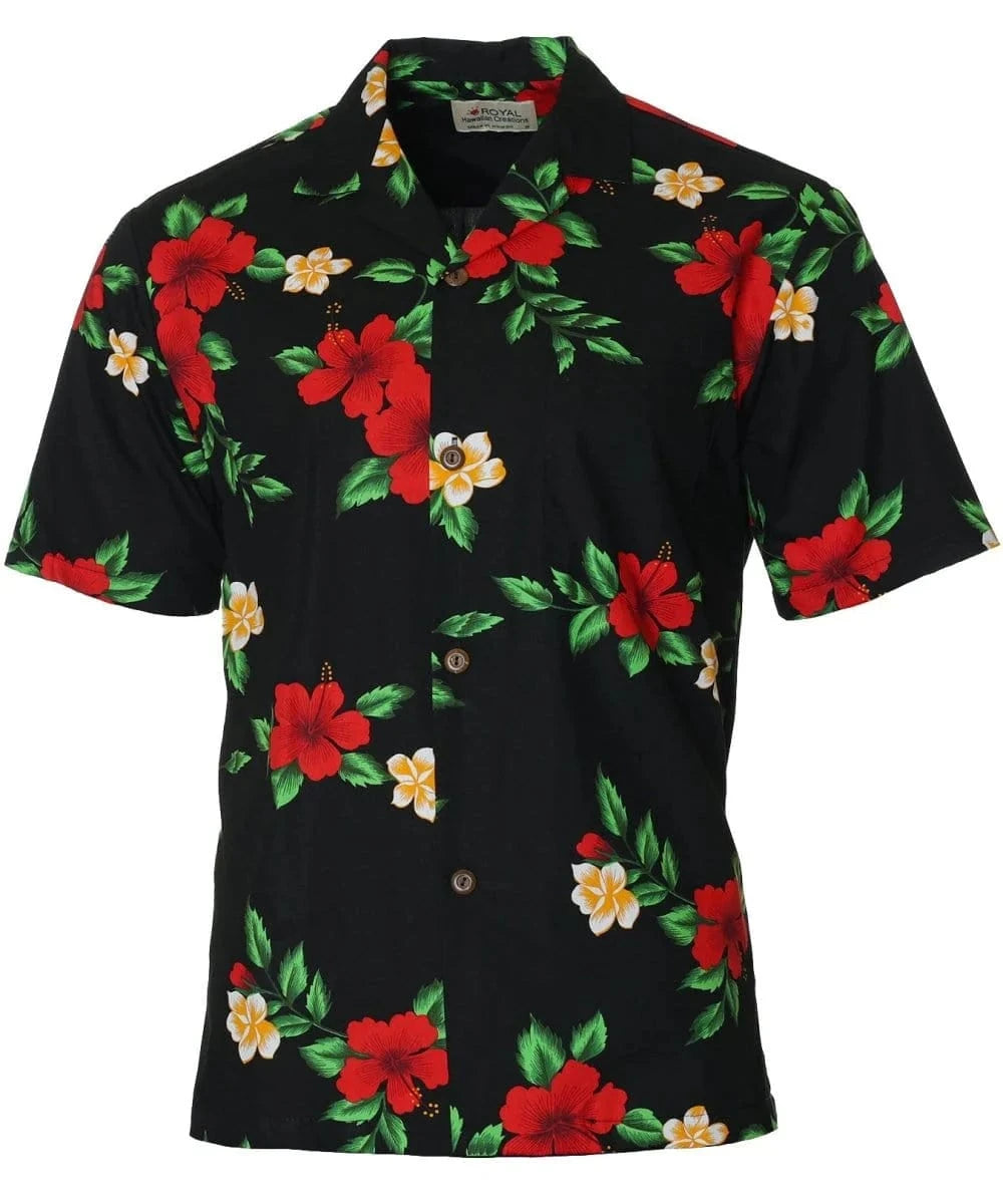 Black Cotton Red Hibiscus Hawaiian Shirt | Aloha Shirts Club