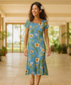 Kapaakea Midi Hawaiian Dress with Sleeves Ocean Blue