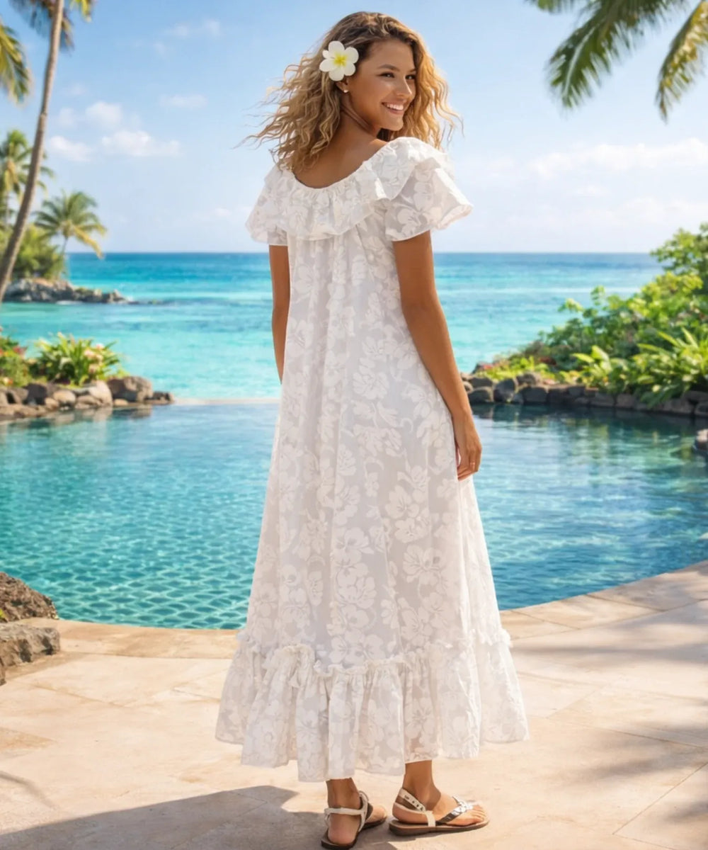 Long Ruffled White Hawaiian Muumuu Dress