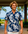 Kekoa Hibiscus Cotton Men's Hawaiian Shirt Navy Blue