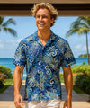 Pineapples Cotton Men Hawaiian Aloha Shirt Royal Navy