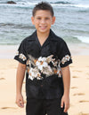 Hibiscus Panel Cotton Boys Aloha Shirt Black