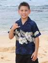 Hibiscus Panel Cotton Boys Aloha Shirt Navy