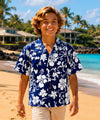 Hibiscus Cotton Boys Hawaiian Shirt Royal Navy
