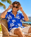 Hibiscus White Cotton Hawaiian Aloha Shirt Royal Blue