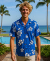 Hibiscus White Cotton Hawaiian Aloha Shirt Royal Blue