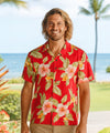 Hibiscus Plumeria Rayon Hawaiian Men's Shirt Red