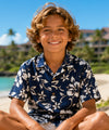 Hibiscus Pareo Boys Hawaiian Shirt Navy