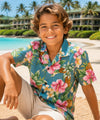 Hibiscus Valley Cotton Boys Aloha Shirt Teal