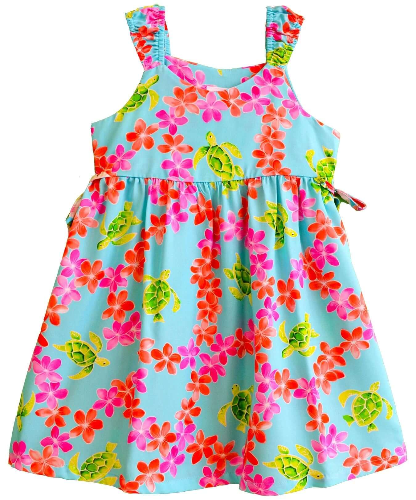 Honu Girls Dress with Plumerias and Side Ties Turquoise
