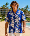 Island Plumeria Flowers Cotton Aloha Shirt Blue