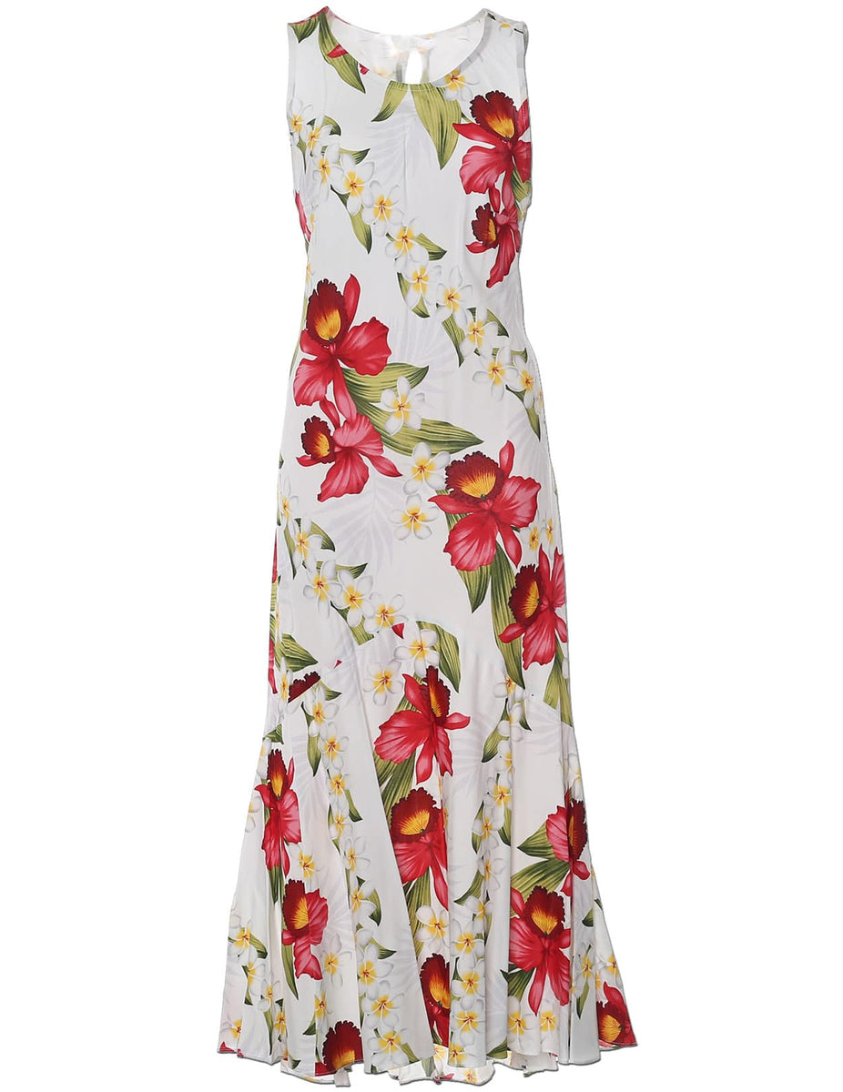 Kailua Orchids White Maxi Long Hawaiian Dress | Aloha Shirts Club White / XL