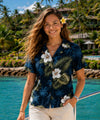 Kailua Hibiscus Flower Fitted Blouse Navy