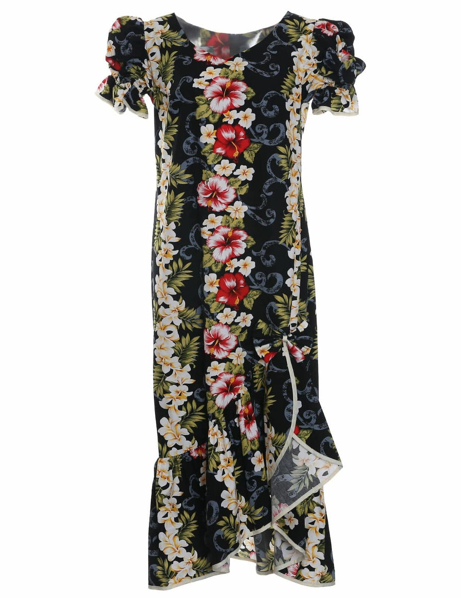 vintage muumuu dresses Knee Length Black Big Island Ruffle Muumuu Dress