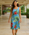 Hibiscus Knee Length Bias Sleeveless Dress Ocean Blue