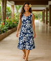 Mid Length Maui Hibiscus Hawaiian Dress Navy